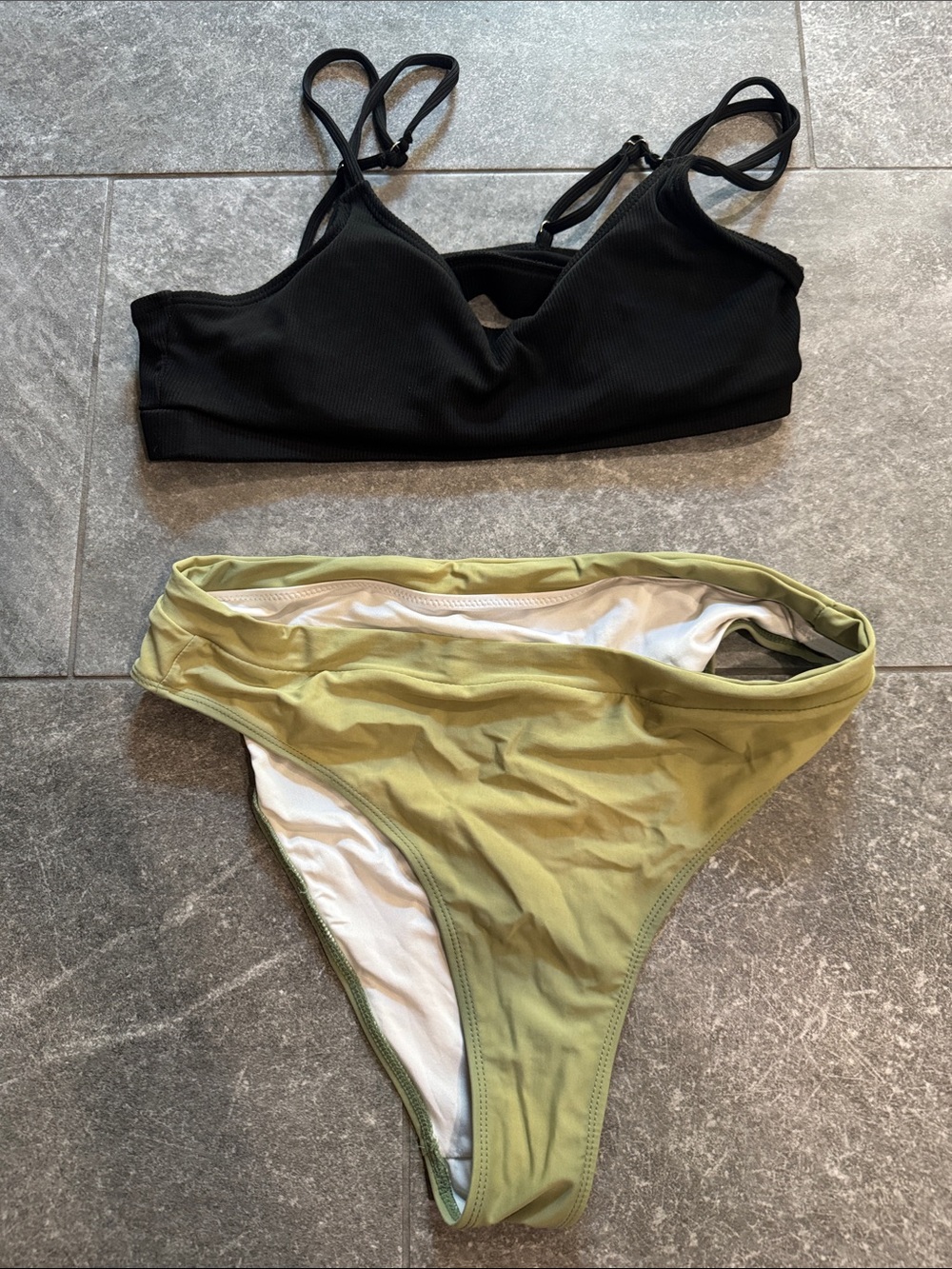 Black Ribbed Bikini Top with Olive Green High-Cut Bottom